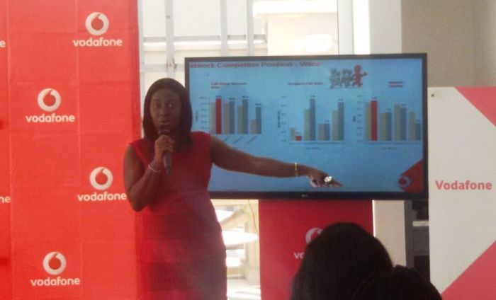 Patricia Obo-Nai presenting proof of her claim Vodafone is best in Ghana
